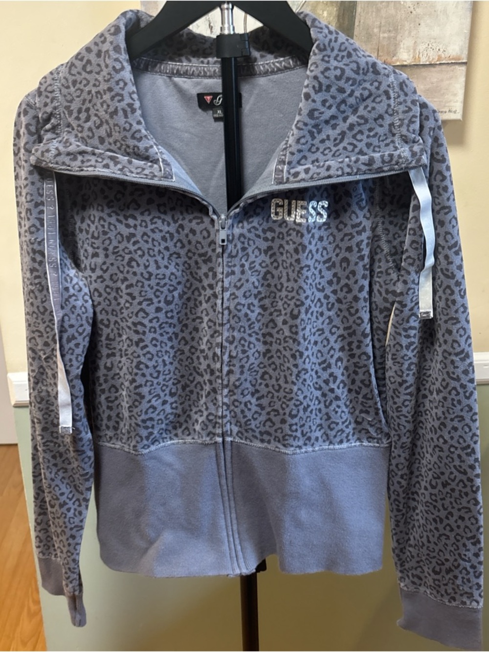 GUESS Gray Leopard-Print Rhinestone Logo Zip Jacket